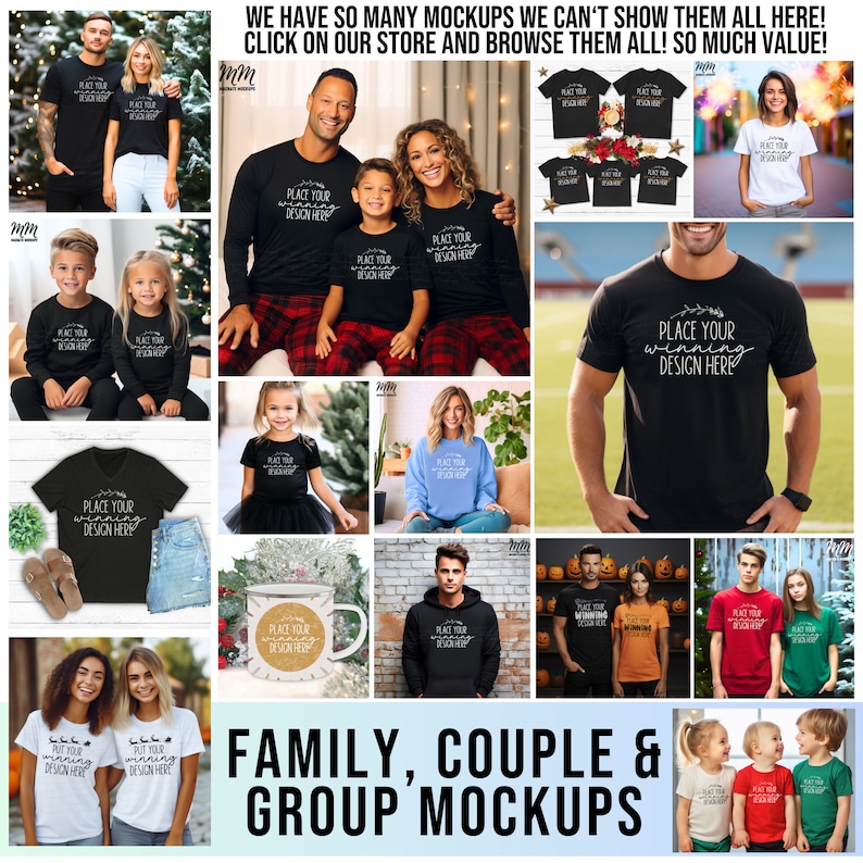 May include: A collage of images showcasing various family, couple, and group mockups for t-shirts, hoodies, mugs, and other apparel. The mockups feature different poses and settings, including couples holding mugs, families wearing matching shirts, and groups of friends in various outfits. The text "PLACE YOUR WINNING DESIGN HERE" is displayed on many of the mockups.