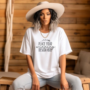 white Gildan 64000 t-shirt mock-up female model oversized tee tshirt mockups blank tee G6400 pretty white trendy ladies mock up AI download