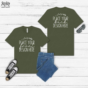 Military Green bella canvas 3001 shirt mockup front back flat lay t-shirt mock up Military green 3001 unisex 3001 tshirt mock-up AI download