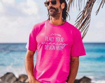 heliconia Gildan 64000 mockup pink t-shirt male model mock up evergreen shirt mockups men's heliconia t-shirts man tee mock ups jpg download