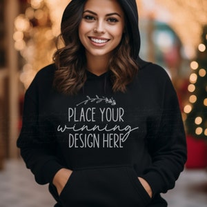 black Gildan 18500 hoodie mockup Christmas women's female ladies mock hoodie mockup black hoodie mockup model xmas mock-up AI jpg download