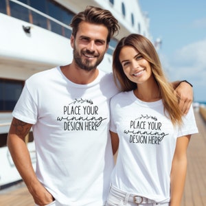 2 white shirt cruise couple mockup cruising couples bella canvas 3001 two t-shirt mockups travel couples tshirt mock up mock AI jpg download