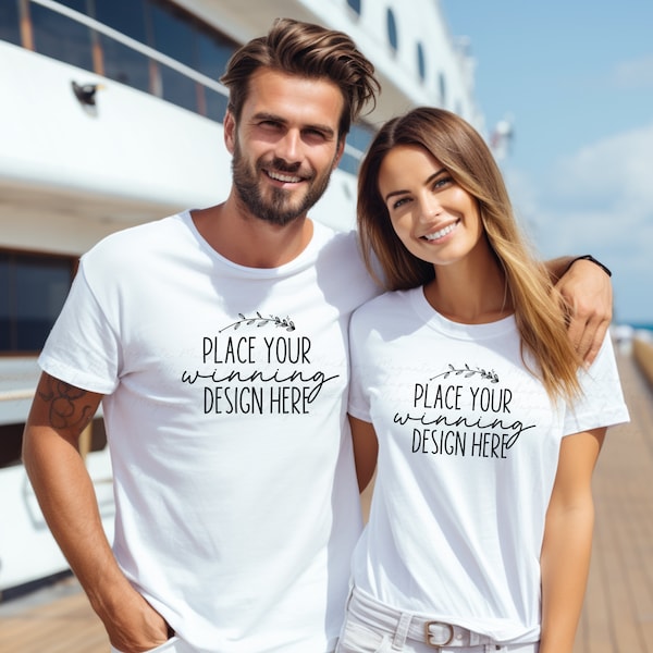 2 camicia bianca mockup di coppia da crociera coppie in crociera bella tela 3001 due modelli di t-shirt coppie di viaggio tshirt mock up mock up download jpg