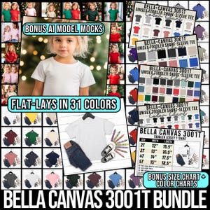 Maqueta de camiseta Bella Canvas 3001T para niños pequeños, tabla de tallas, tablas de colores, 31 colores, maqueta de camisetas para niños, maqueta en blanco, disposición plana, AI jpg, descarga