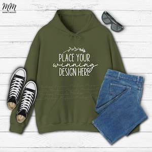 Military green Gildan 18500 hoodie mockup unisex military green 18500 Gildan flat lay mock hoodie Gildan 18500 flatlay mock-up JPG Download