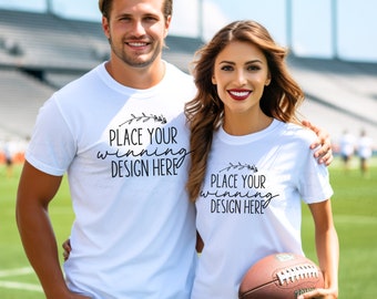 White Gildan 64000 Shirt Mockup: Football Couple Models (AI jpg Download)