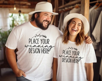 White Gildan 5000 Shirt Mockup: Size Inclusive Couple Models (AI JPEG Download)