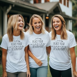 3 sister girlfriends white t-shirt mockup Gildan 5000 sisters Gildan three friends shirt mockups trio blank shirt siblings mock AI download