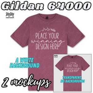 May include: A maroon Gildan 64000 t-shirt mockup with the text "PLACE YOUR WINNING DESIGN HERE". The image includes a smaller version of the shirt with a transparent background. The text "A WHITE BACKGROUND" and "2 mockups" are also visible.