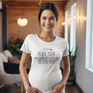 kobieta w ciąży bella canvas 3001 t-shirt model makieta 3001 ciąża t-shirt makieta baby shower ujawnienie płci 1 dzień matki AI pobierz