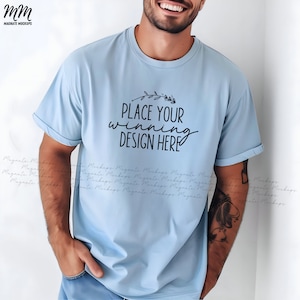 light blue Gildan 5000 mockup male model t-shirt Gildan 5000 men&#39;s light blue shirt mock up Gildan mens Shirts Mockups 5000 man AI download
