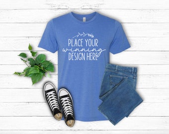 Mockup shirt Bella Canvas 3001 blauw gemêleerd: plat gelegd (jpg download)