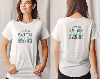 White Gildan 5000 T-Shirt Mockup: Front & Back Female Model (AI JPEG Download)
