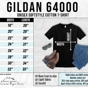 Gildan 64000 size chart up to 5xl tshirt sizing chart unisex 64000 softstyle shirt size guide 64000 t-shirt size charts AI digital download