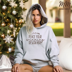 Ash Gildan 18500 hoodie mockup Christmas female light grey mock Ash womens Xmas hoodies ladies model ash mockup blank Mockup JPG AI Download