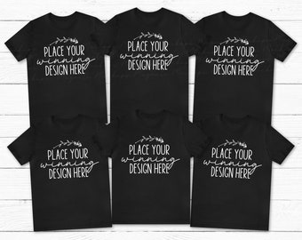 six 6 black shirt mockup group t-shirts mock up multiple black shirts mockup bridal bachelorette tee Bella Canvas 3001 t-shirt JPG Download