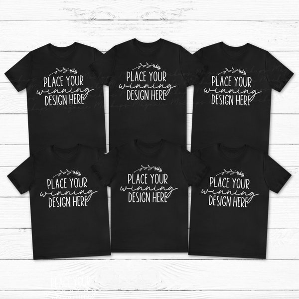 six 6 black shirt mockup group t-shirts mock up multiple black shirts mockup bridal bachelorette tee Bella Canvas 3001 t-shirt JPG Download