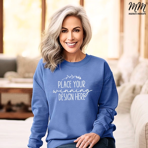 Grandma heather sport royal sweater mockup Gildan 18000 older woman heather sport royal sweatshirt Mock ups G180 senior lady jpg download