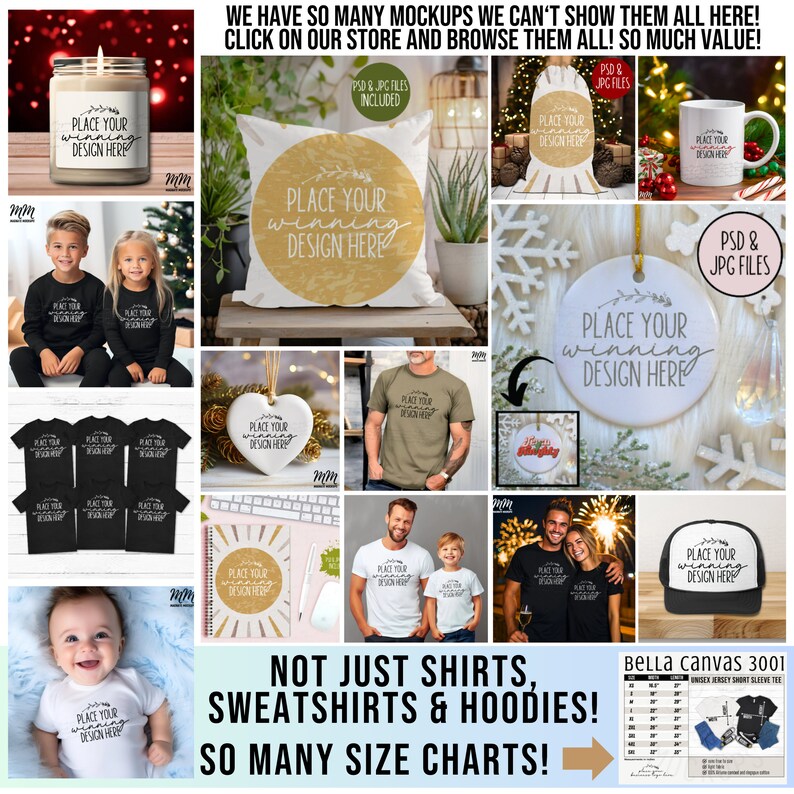 May include: A collection of mockups for t-shirts, sweatshirts, hoodies, mugs, candles, and ornaments. The mockups feature a variety of colors and designs, including a Christmas-themed design. The text "Place Your Winning Design Here" is featured on many of the mockups. The text "Not Just Shirts, Sweatshirts & Hoodies! So Many Size Charts!" is also featured in the image.