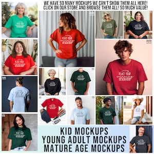 May include: A collage of images showcasing various t-shirt mockups for different age groups. The images feature people wearing t-shirts in various colors, including red, green, blue, and black. The text "PLACE YOUR DESIGN HERE" is displayed on each t-shirt.