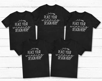 Black Bella Canvas 3001 Shirt Mockup: Group of 5 Flat Lay (JPG Download)