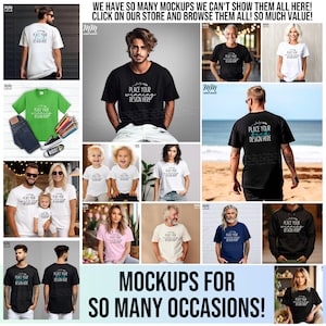 May include: A collage of images showcasing various t-shirt mockups for different occasions. The images feature people wearing t-shirts with different designs and backgrounds, including a beach, a park, and a studio setting. The text "PLACE YOUR DESIGN HERE" is displayed on each t-shirt.