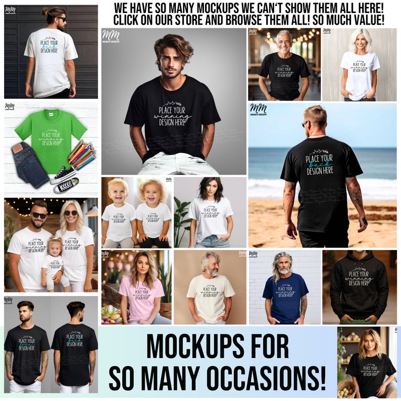 May include: A collage of images showcasing various t-shirt mockups for different occasions. The images feature people wearing t-shirts with different designs and backgrounds, including a beach, a park, and a studio setting. The text "PLACE YOUR DESIGN HERE" is displayed on each t-shirt.