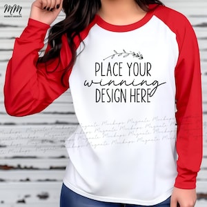 red & white bella canvas 3200 raglan shirt mockup female baseball mockups shirt womens white red raglan tee mock up ladies 3200 JPG Download