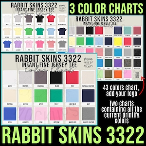 Może przedstawiać: Tabele kolorów dla koszulek z dzianiny fine jersey dla niemowląt Rabbit Skins 3322. Obraz przedstawia trzy tabele z różnymi kolorami, w tym białym, czarnym, czerwonym i granatowym. Tabele są oznaczone nazwą marki i rodzajem produktu.