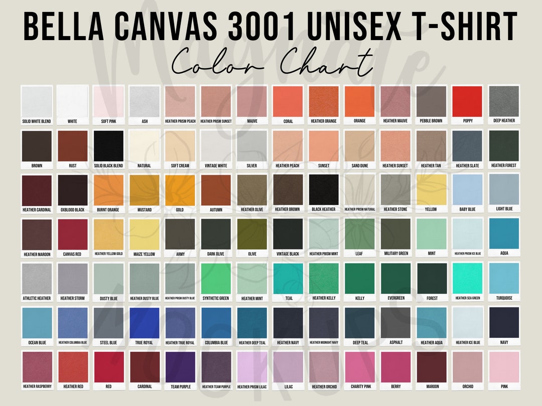 2023 Printify Bella Canvas 3001 Color Chart Mockup Bella Canvas Unisex ...