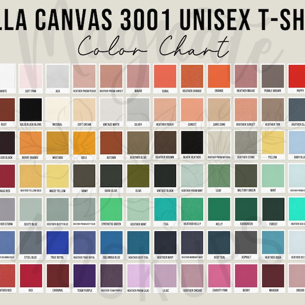 2023 Printify Bella Canvas 3001 Color Chart mockup Bella + Canvas Unisex T-Shirt Colour Chart mockups for printify 3001 shirts jpg download