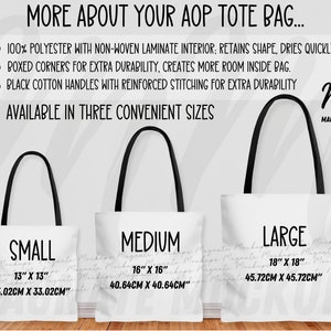 Aop Tote Bag tabela rozmiarów makieta czarny uchwyt 3 torby tote z nadrukiem tabele rozmiarów minimalistyczna makieta torby printify makiety AI pobierz