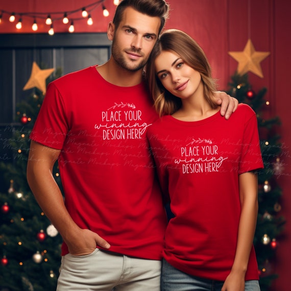 Pareja camisa roja maqueta de Navidad rojo hombre mujer suyo