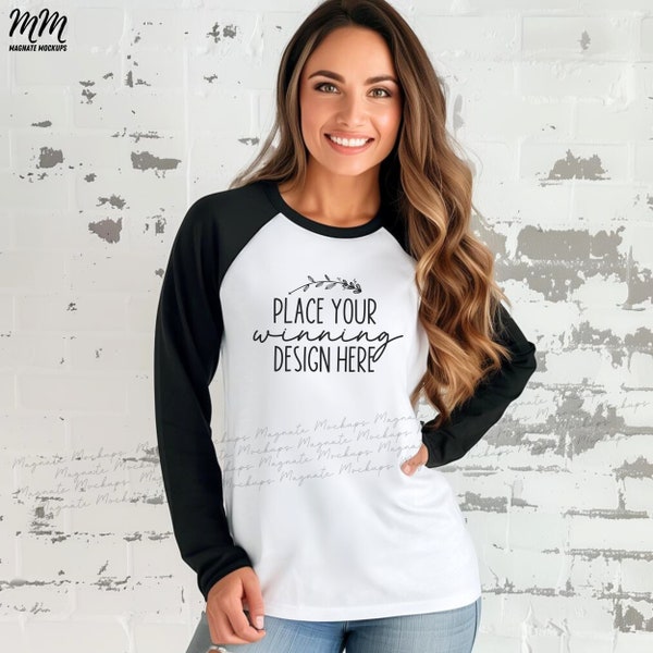 black & white raglan shirt mockup bella canvas 3200 baseball tee mockups shirt womens white black raglan mock up ladies 3200 JPG Download