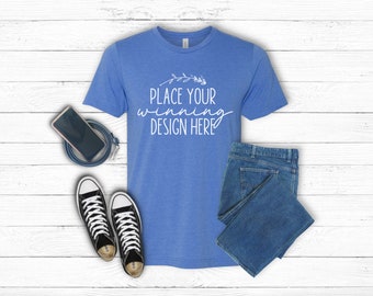 Heather Columbia Blue Bella Canvas 3001 mockup: plat gelegd (jpg download)