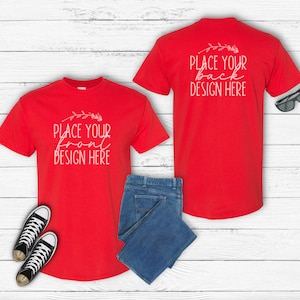 red front & back shirt mockup Gildan 5000 unisex t-shirt Gildan red heavy cotton shirt mockups Flat Lay blank tee mockup Gildan AI download