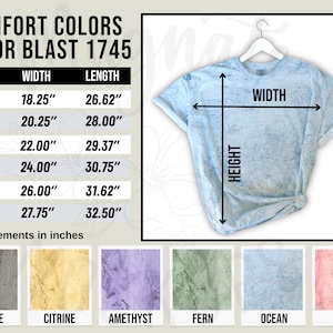 Puede incluir: Una tabla de tallas para una camiseta con medidas en pulgadas. La tabla muestra el ancho y la longitud de la camiseta en diferentes tallas, de la S a la 3XL. La camiseta está disponible en 10 colores diferentes: Smoke, Citrine, Amethyst, Fern, Ocean, Clay, y más.