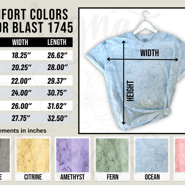 Comfort Colors 1745 T-Shirt Sizing and Color Chart Mockup Flat Lay CC 1745 Color Blast Unisex Color & Size Chart Garment Dyed jpg download