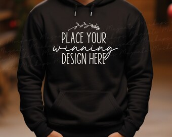 Gildan 18500 Black Hoodie Mockup: Male Model, Christmas Theme (AI Download)