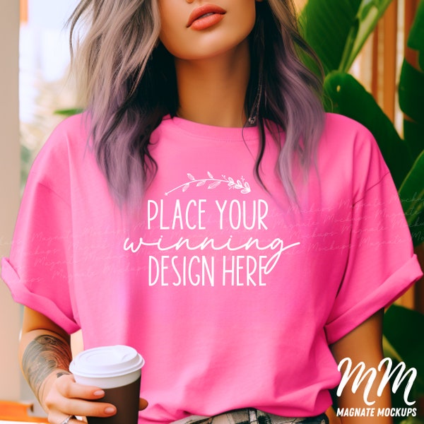 heliconia pink Gildan 64000 mockup pink t-shirt female model mock up evergreen shirt mockups women's t-shirts ladies mock ups jpg download