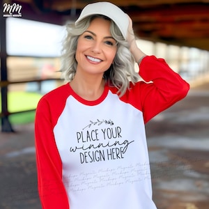 red & white bella canvas 3200 raglan shirt mockup older female baseball mockups senior women red raglan mock mature ladies 3200 JPG Download