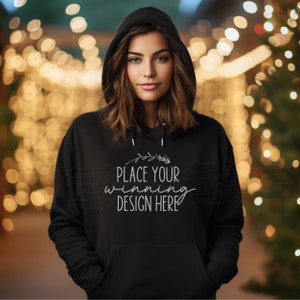 black hoodie mockup Christmas female model tagless ladies mock hoodies mockup no tag black hoodie mockups women's xmas mock-up AI download