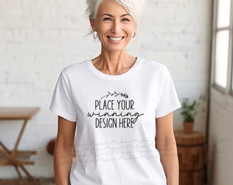 older female white Bella Canvas 3001 shirt mock-up senior womens 3001 model tshirt bella 3001 Grandma woman mockup white tshirt AI download