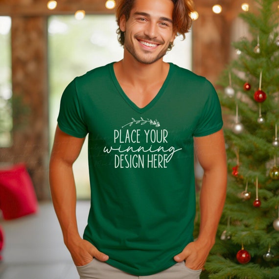 Kelly Green Bella Canvas 3005 V-neck Shirt Mockup: Male Model (AI