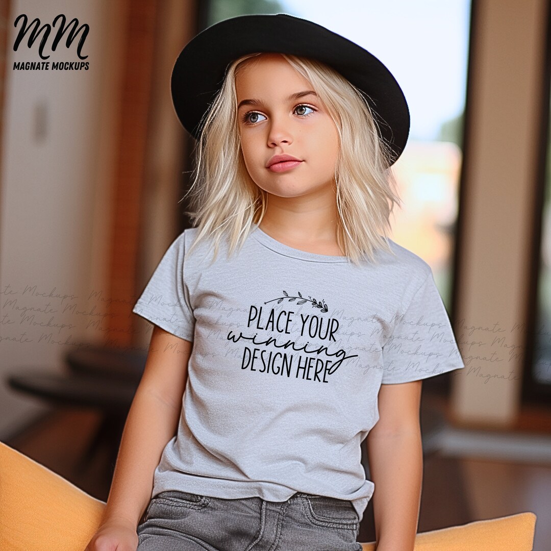 Sport Grey Gildan 5000B Shirt Mockup: Girl Kid Model (AI Jpg Download ...