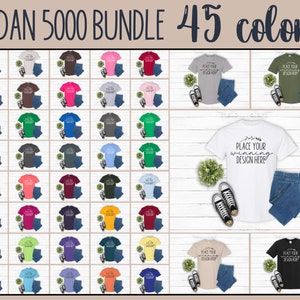 Gildan 5000 shirt bundle mockup 45 popular colors unisex t-shirt bundles mock ups Gildan 5000 blank flat lay mockups essential jpg download