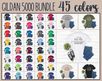 Gildan 5000 shirt bundle mockup 45 popular colors unisex t-shirt bundles mock ups Gildan 5000 blank flat lay mockups essential jpg download