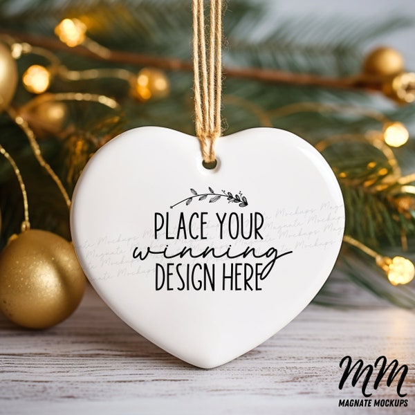 heart ornament Christmas mock-up white blank printify ceramic heart shaped ornaments Holiday heart decoration ornament mock up JPG Download