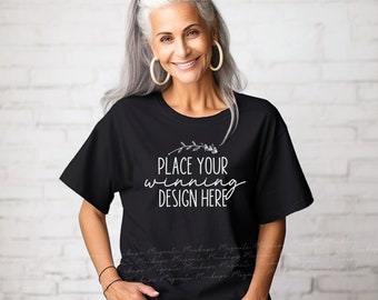 Black Comfort Colors 1717 T-Shirt Mockup: Senior Woman (AI Download)