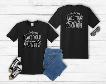 black Gildan 5000 shirt mockup front & back unisex t-shirt Gildan heavy cotton shirt mockups Flat Lay blank Gildan Mockup blank AI download